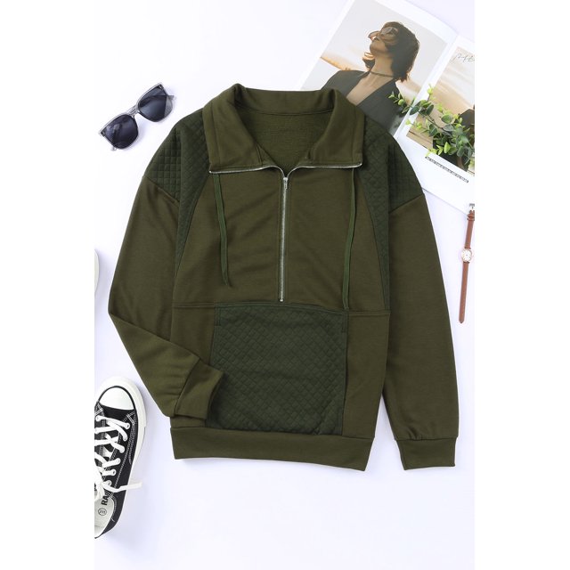 ABPHQTO Sudadera de mujer con media cremallera y parche acolchado verde