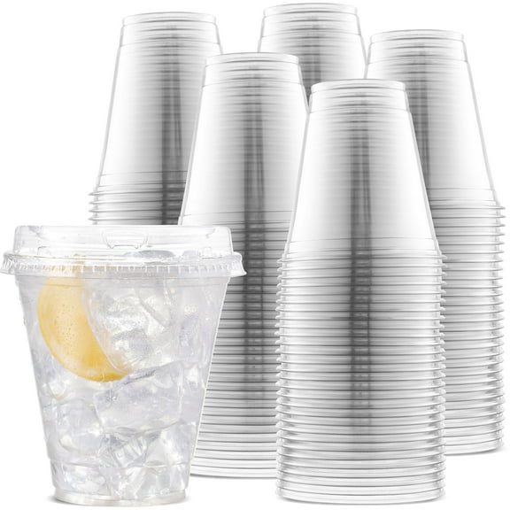 Large Party Plastic Cups with Strawless Sip Lids 12 oz 100 Count - Crystal Clear Disposable Party Cups