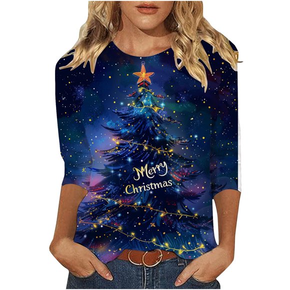Horkkom Christmas Shirts for Women 3/4 Sleeve Christmas Tree Print Round Neck Loose Top T-shirt S
