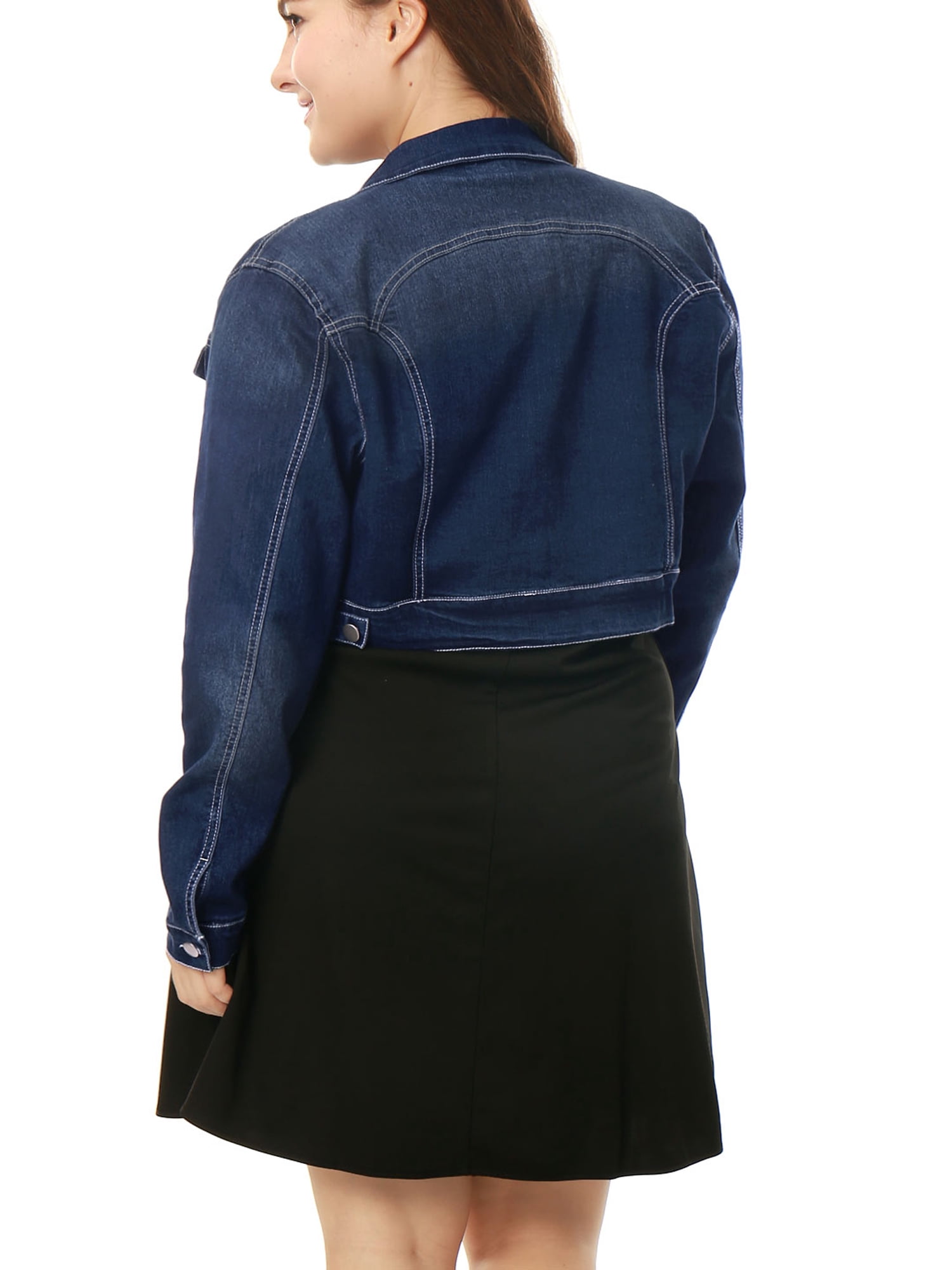 Unique Bargains Women's Plus Size Long Sleeve Jean Jacket Button Cropped Denim Jacket