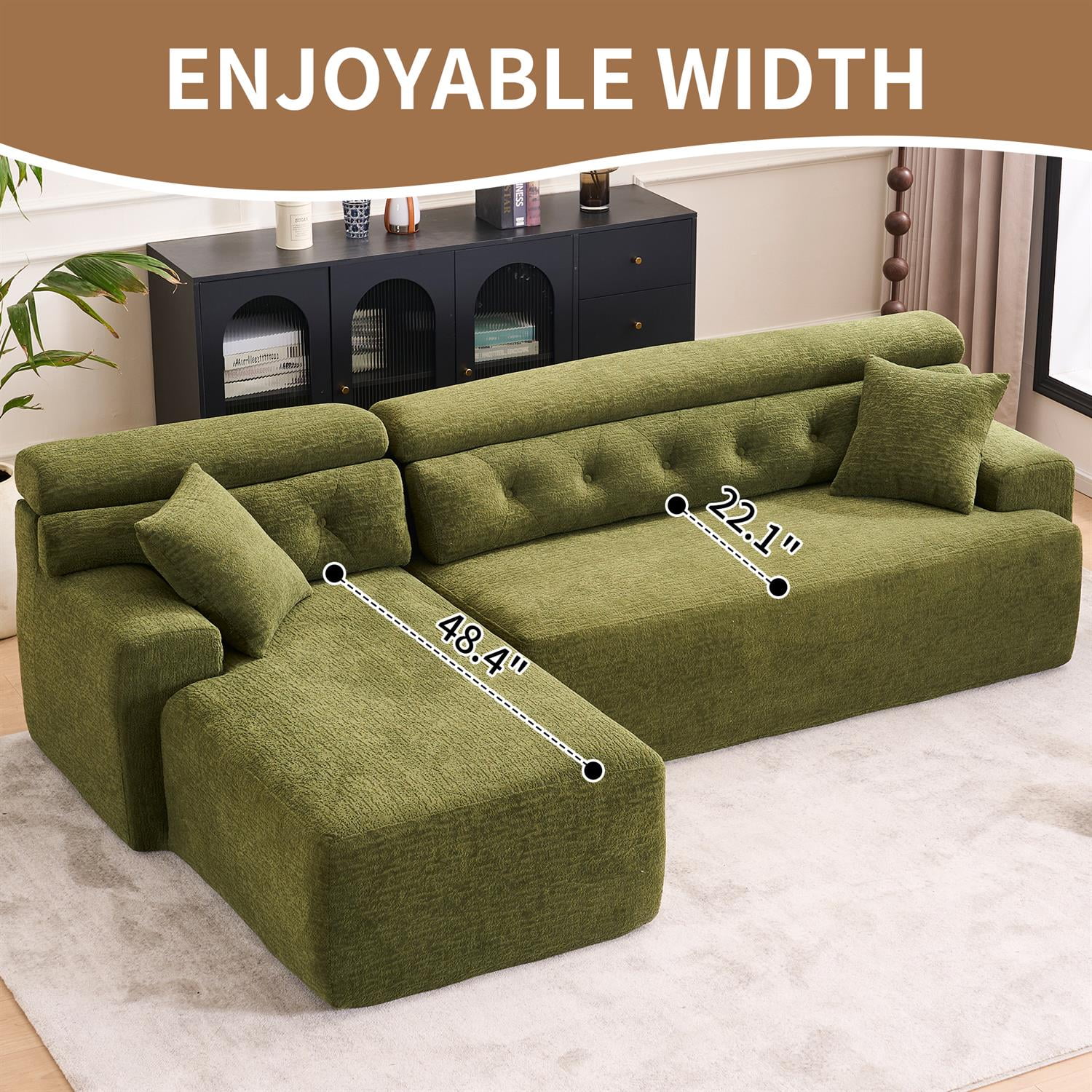 Demi Bonn 105" Modern L-Shaped Sectional Sofa, 3-Seater Couch with Chaise Lounge, 2 Accent Pillows, Wood Grain Chenille Fabric for Living Rooms, Green