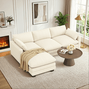 Cloud Like Modular Sectional Sofa with Movable Ottoman, Deep Seating with Lumbar Support, Machine-Washable Corduroy Cover - Beige