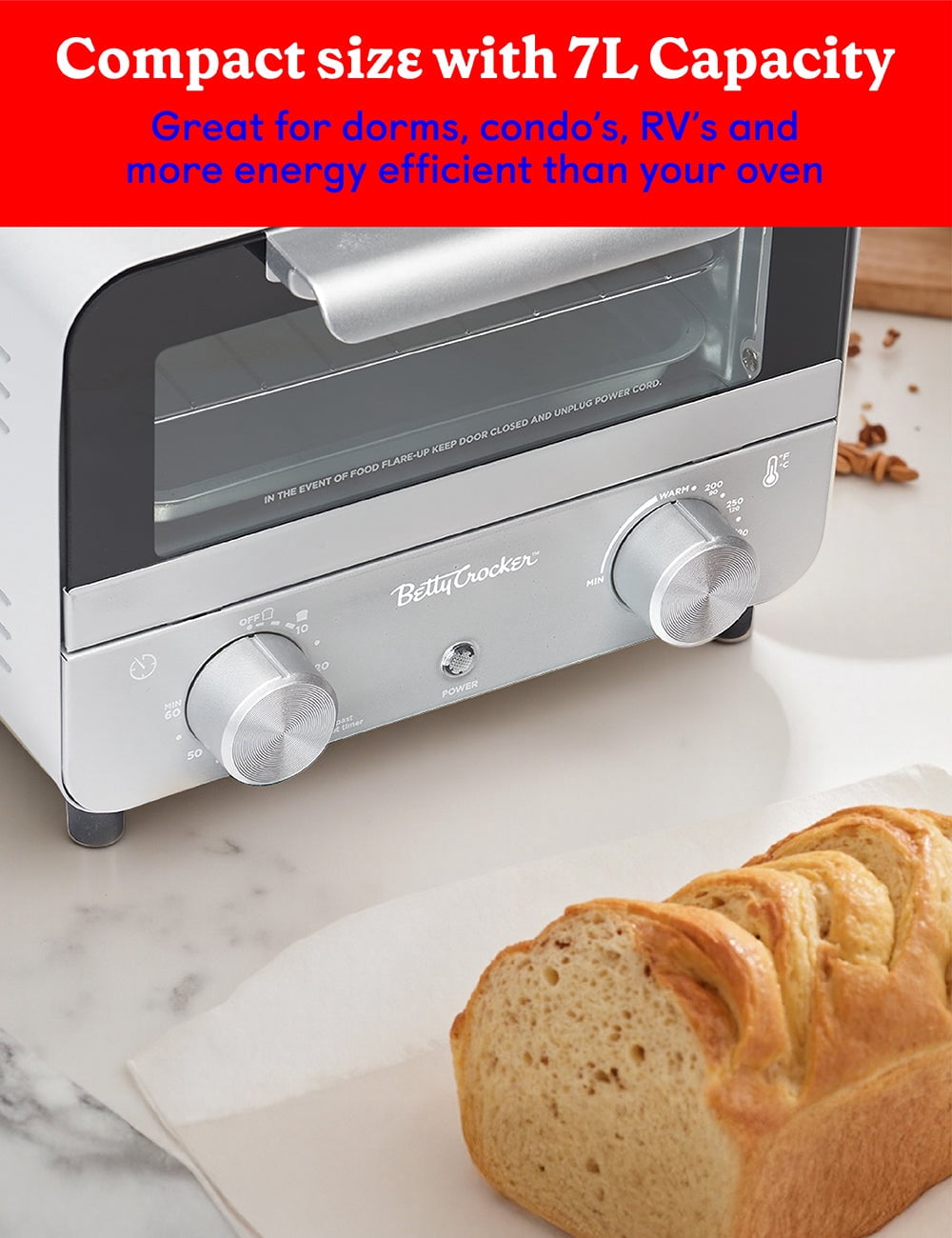 Betty Crocker Mini Toaster Oven, Compact Countertop Oven for Dorms, RVs, Apartments, 7-Liter Capacity, 750W, Adjustable Timer, Includes Baking Tray & Rack, BC-5629S, Gray/Black
