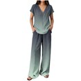 thumbnail image 3 of Cagogo Women Plus Size 2 Piece Outfits Summer Vacation Set Loose V Neck Short Sleeve Tshirt Wide Leg Pants Casual Cruise Travel Lounge Tracksuits Boho Gradient Matching Sets, Green M, 3 of 5