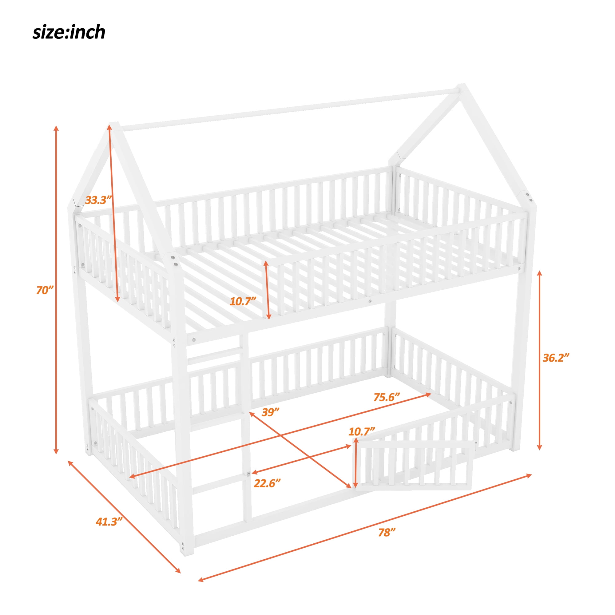 Aukfa Twin-over-Twin Bunk Bed with Fence and Door, Metal House Bed Frame for Kids Toddy, White