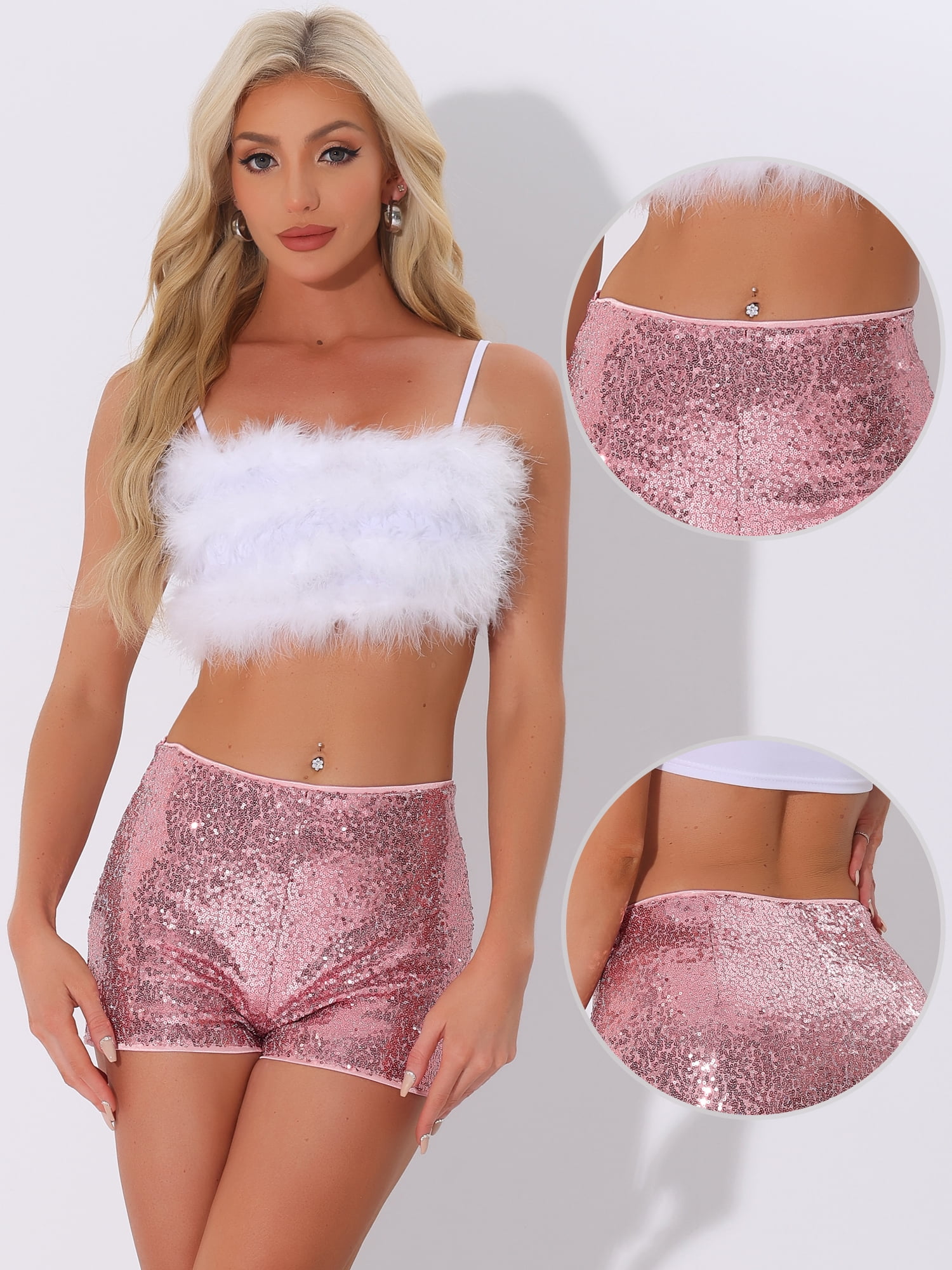 DARING DIVA Women's Midrise Solid Sparkle Coctail Sequin Shorts L Pink