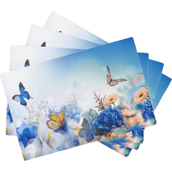Flying Butterfly Placemats Set of 4, Blue Flowers 12x18 Inch Non-Slip Washable Heat Resistant Linen Fabric Table Mats,Place Mats for Holiday Party
