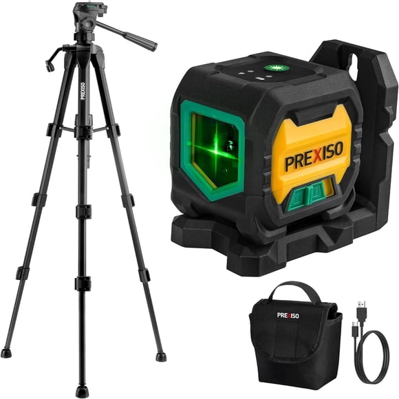 PREXISO Laser Level with 47 Inch Tripod, IP54 Rechargeable 65Ft Green Cross Line Laser Self Leveling, Light Indicator, 3 Brightness Mode, Lazer Level