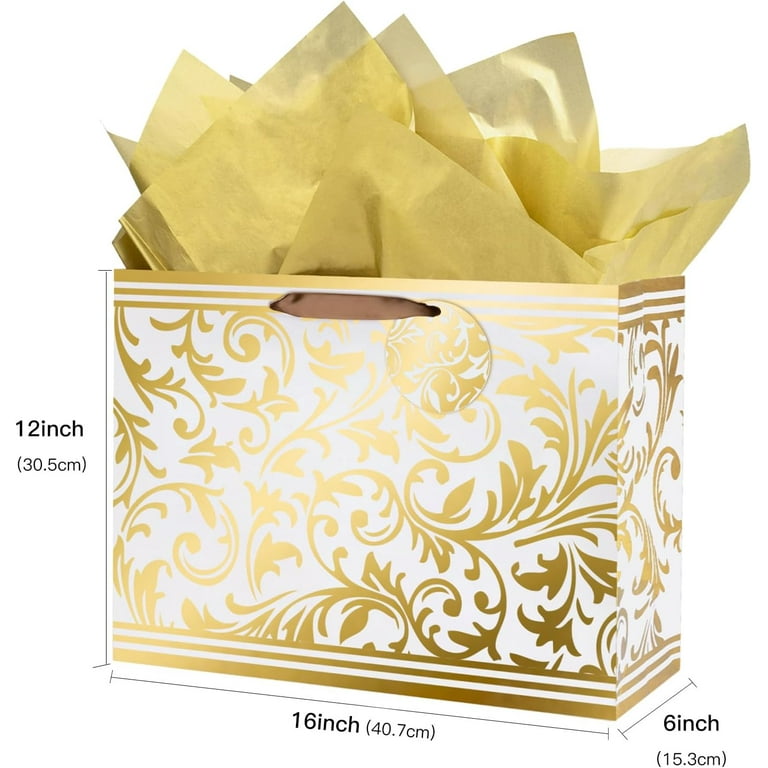 WRAPAHOLIC 16 inch Christmas Assorted Gift Bag Bundle with Tissue Paper - Gold Foil Christmas Leaves Design for Holiday, Party Gift Wrap (Pack of 6)
