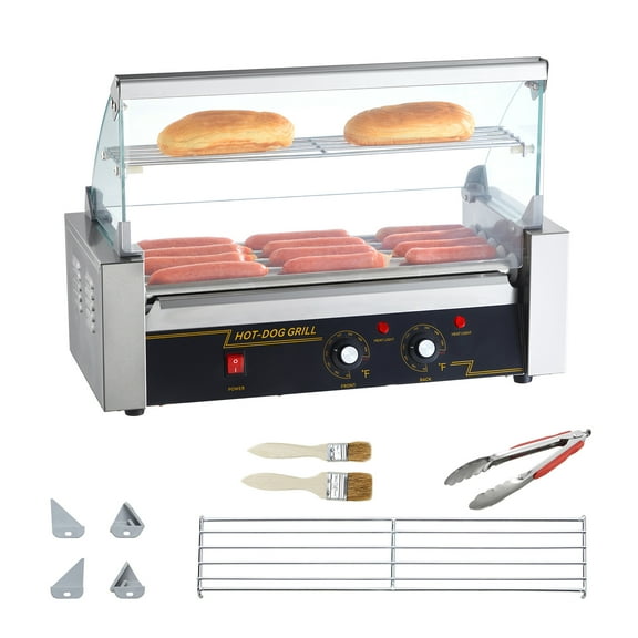 KFFKFF Commercial Hot Dog Roller Grill, Stainless Steel Sausage Grill Cooker Machine with 5 Rollers, for 12 Hot Dogs, 750W, Dual Temperature Control, Bun Warming Rack, Detachable Oil Drip Pan