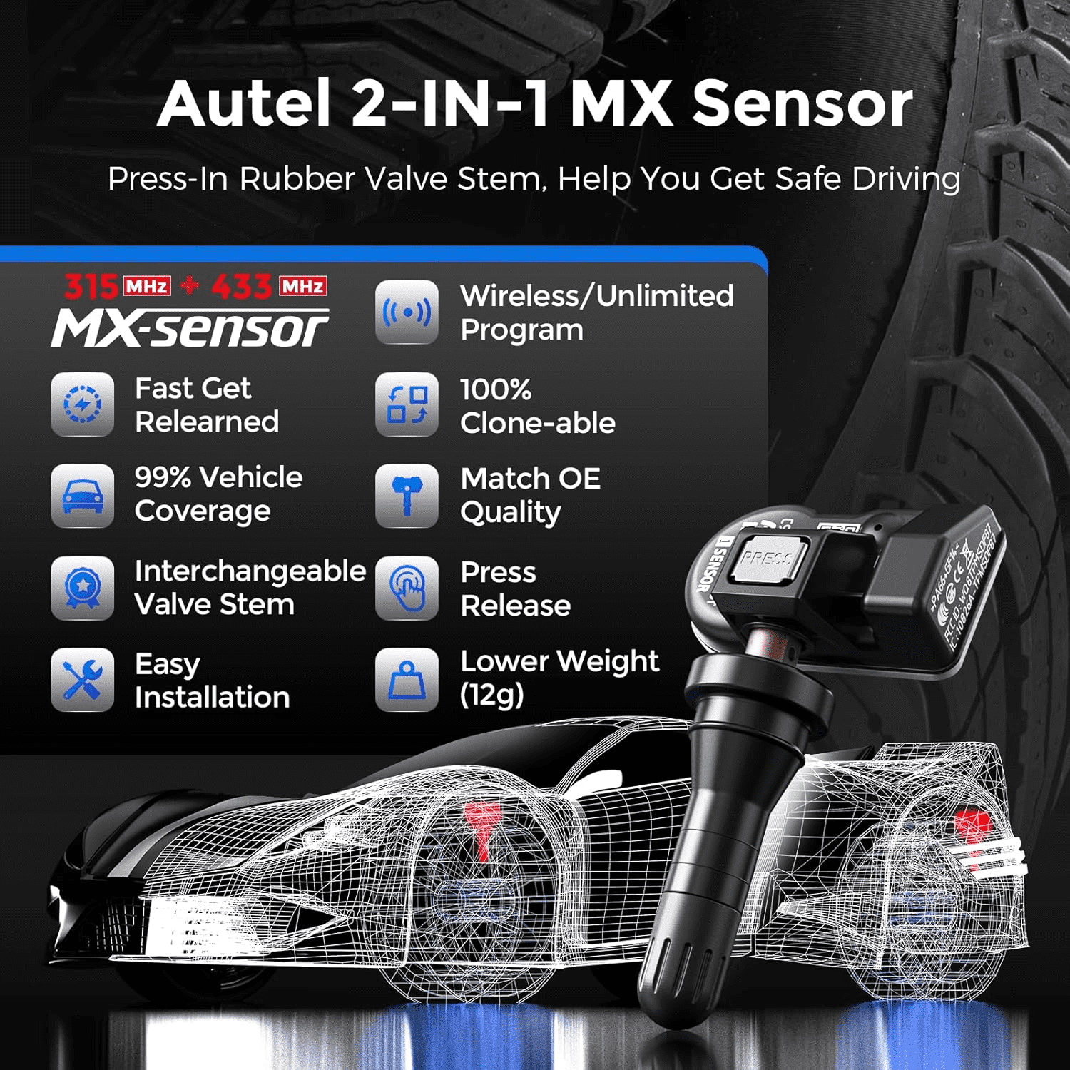 Autel MaxiTPMS MX Sensor 4pcs Rubber Stem TPMS Sensor 315MHz/433MHz Universal Tire Replacement Sensor