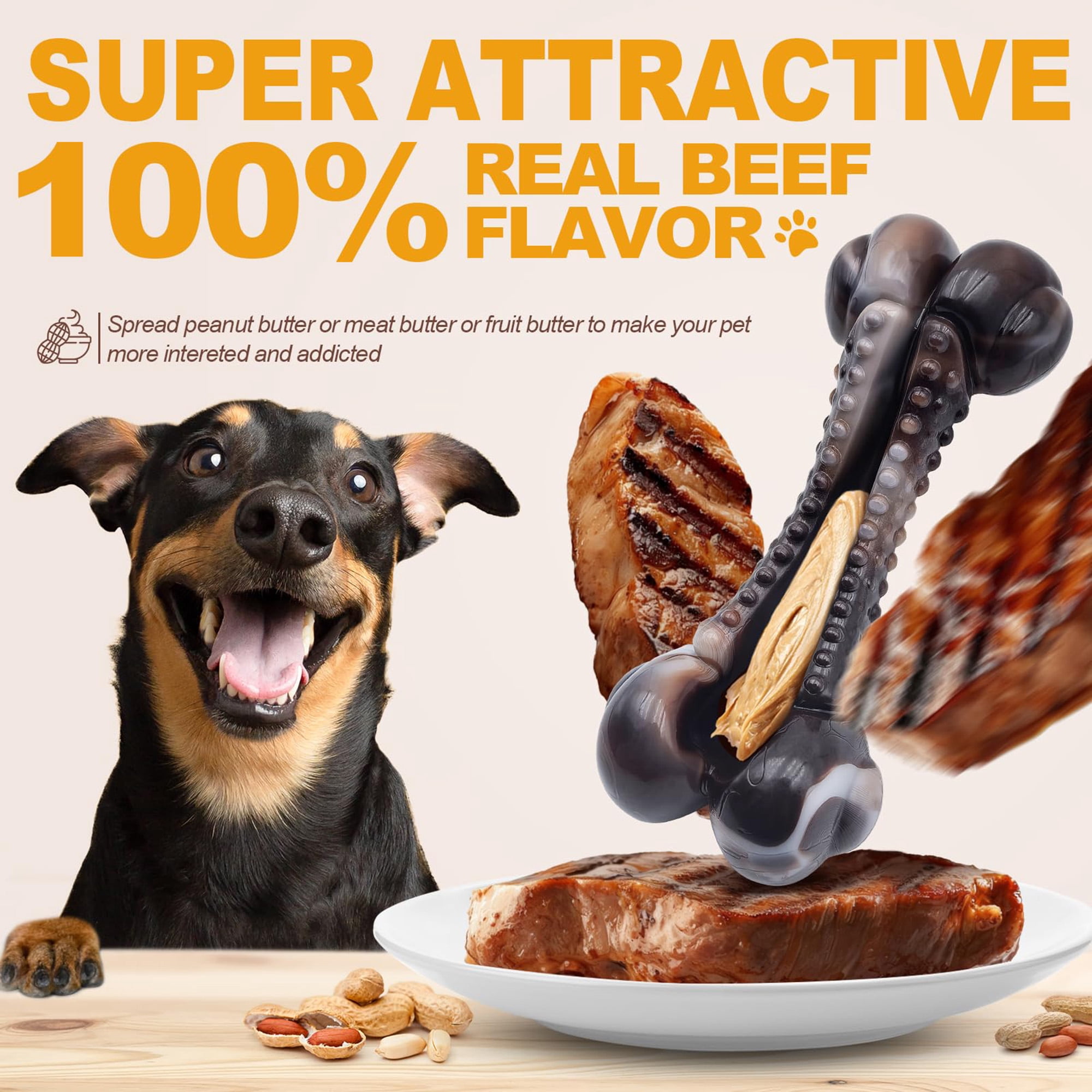 Durable nylon chew toy for aggressive chewers (all sizes), beef/bacon flavored, teeth-cleaning, indestructible bone. Multicolor.