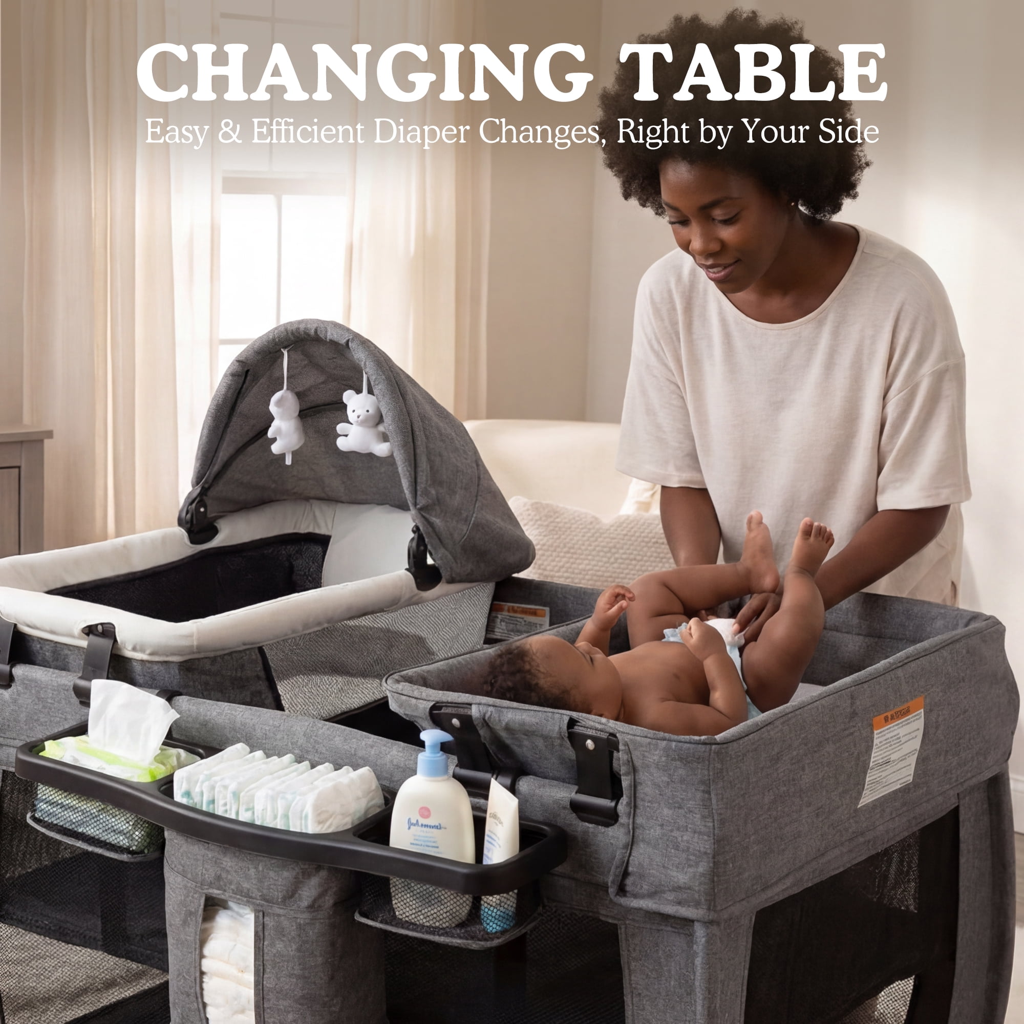 AILEEKISS 3-in-1 Foldable Baby Playard with Bassinet and Changing Table for Newborn, Grey