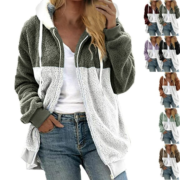 Admvng Coats for Women Plus Size Patchwork Zipper Open Front Long Sleeve Hooded Loose Outerwear with Pockets Jacket for Fall Winter S-5XL