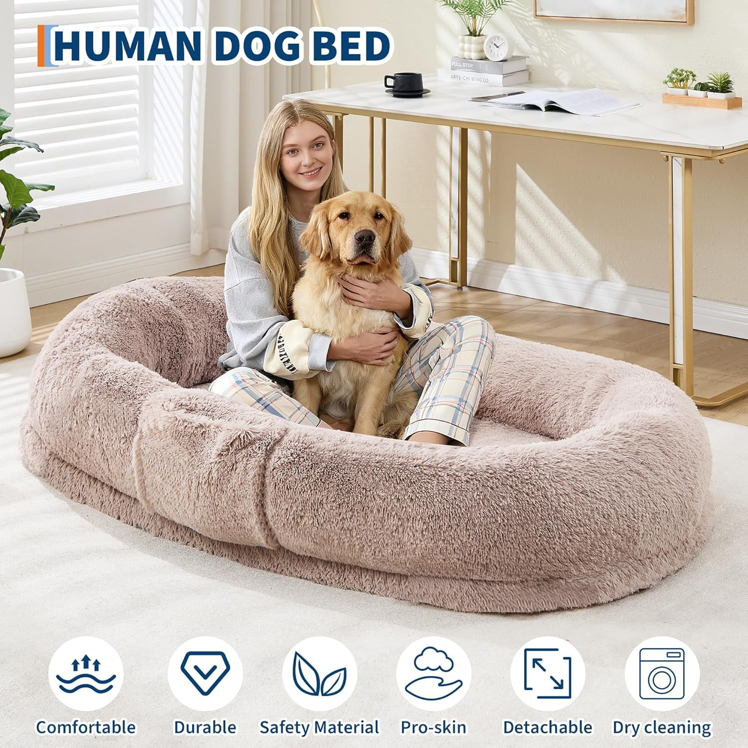Rugerasy 65 Inch Large Gaint Shared Bed for People Pets,Human Dog Bed for Adult,Washable Faux Fur Removable Nap Bed Bean Bag with Handle Side Pocket,Brown