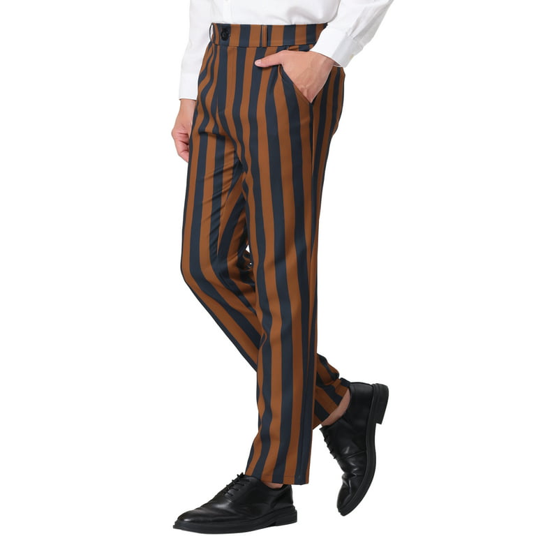 Unique Bargains Men's Striped Pant Classic Fit Flat Front Business Trousers