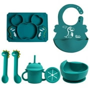 BPA Free Silicone Baby Feeding Set Cartoon Dinosaur Plate with Straw Suction Bowl Spoon Fork Snack Cup Bibs Children Dishes-7PC Set-A