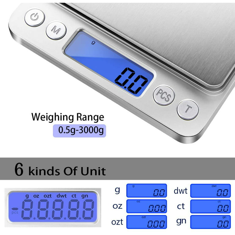 Digital Kitchen Food Scale 3000g/0.1g Multifunction Weight Scale Gram Ounces, Electronic Jewelry Scale High Precision LCD Display/Stainless Steel