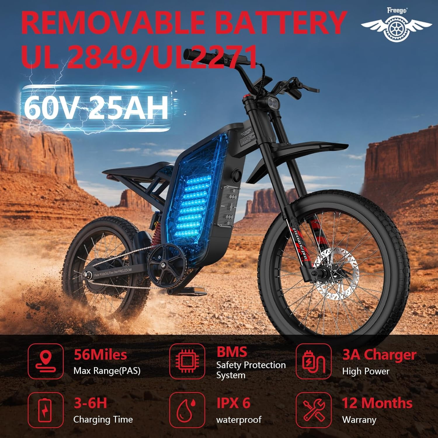 Freego X1 Electric Bike for Adults with Pedals,3000W Peak Motor 60V 25Ah Battery, 37 MPH Top Speed 150N·m Torque, Full Suspension Hydraulic 4-Piston Brakes, 17" All-Terrain Tires