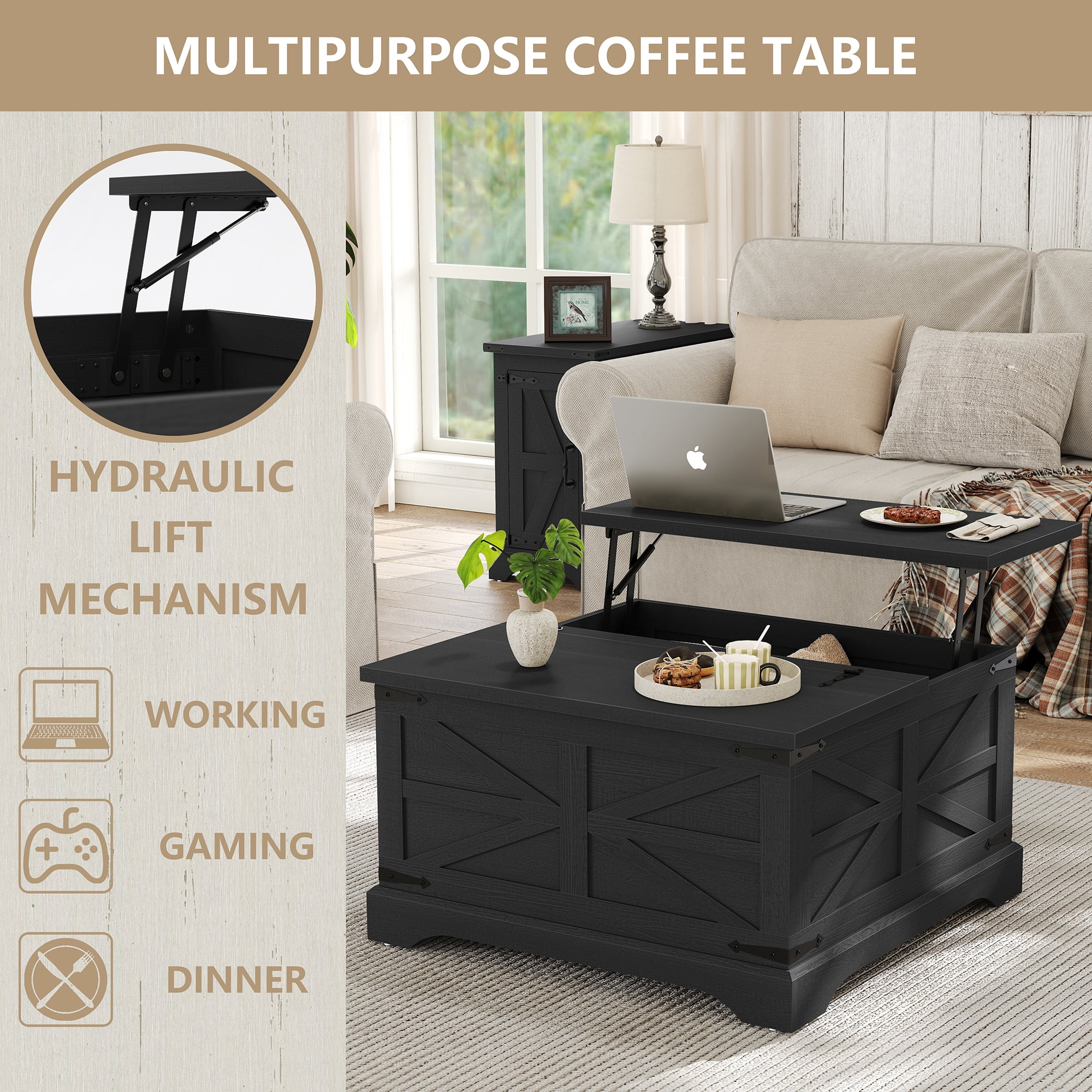 Furnihold Farmhouse Lift Top Coffee Table Black Square Coffee Table with Storage Rustic Wood Center Table for Living Room Home, Black