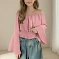 thumbnail image 2 of MKOSPLRT 5-15 Years Off Shoulder Tops for Girl Bell Long Sleeve Crop Shirts Solid Color Smocked T Shirts Flowy Vacation Tee Shirts, 2 of 9