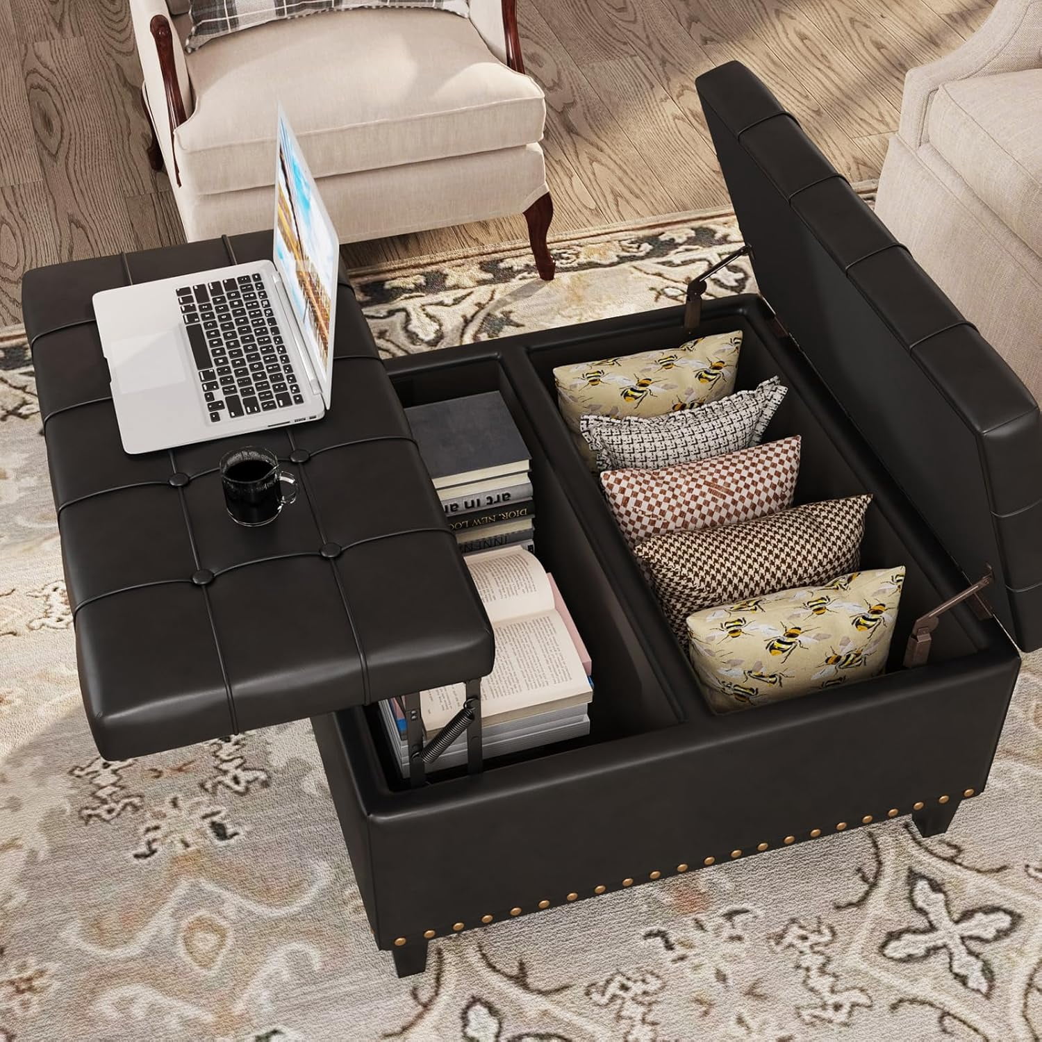 VEANERWOOD Modern Leather Storage Ottoman Bench with Button-Tufted for Entryway, Coffee Tables with Nail Trims for Living Room Bed Room Apartment
