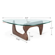 Raffle Pinker Triangle Glass Coffee Table 0.8 Thick Tempered Glass Coffee Table with Solid Dark Walnut Base for Living Room