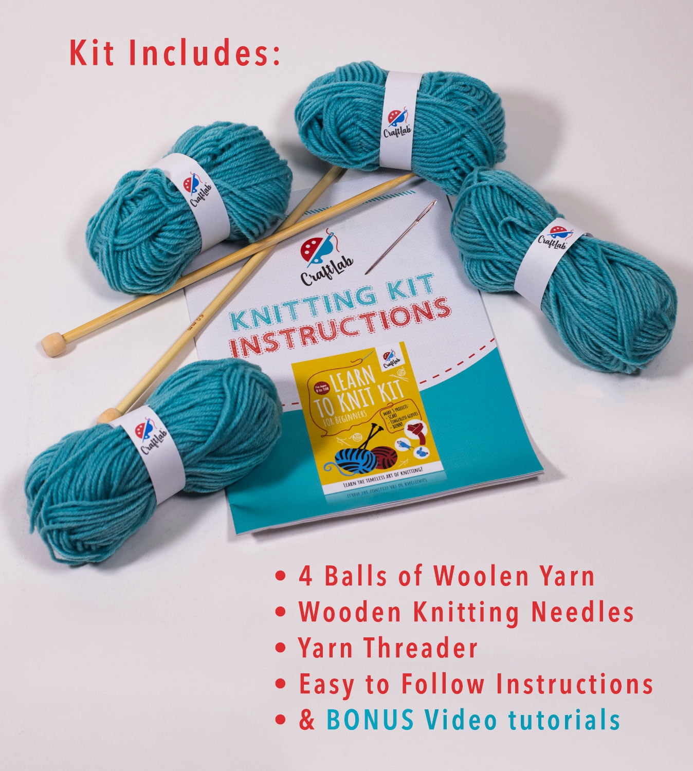CraftLab Knitting Kit for Beginners, Kids Adults Seniors Includes All Knitting Supplies: Wool Yarn, Knitting Needles, Yarn Needle and Instructions – Fantastic DIY Gift Learn to Knit Arts & Crafts Kit