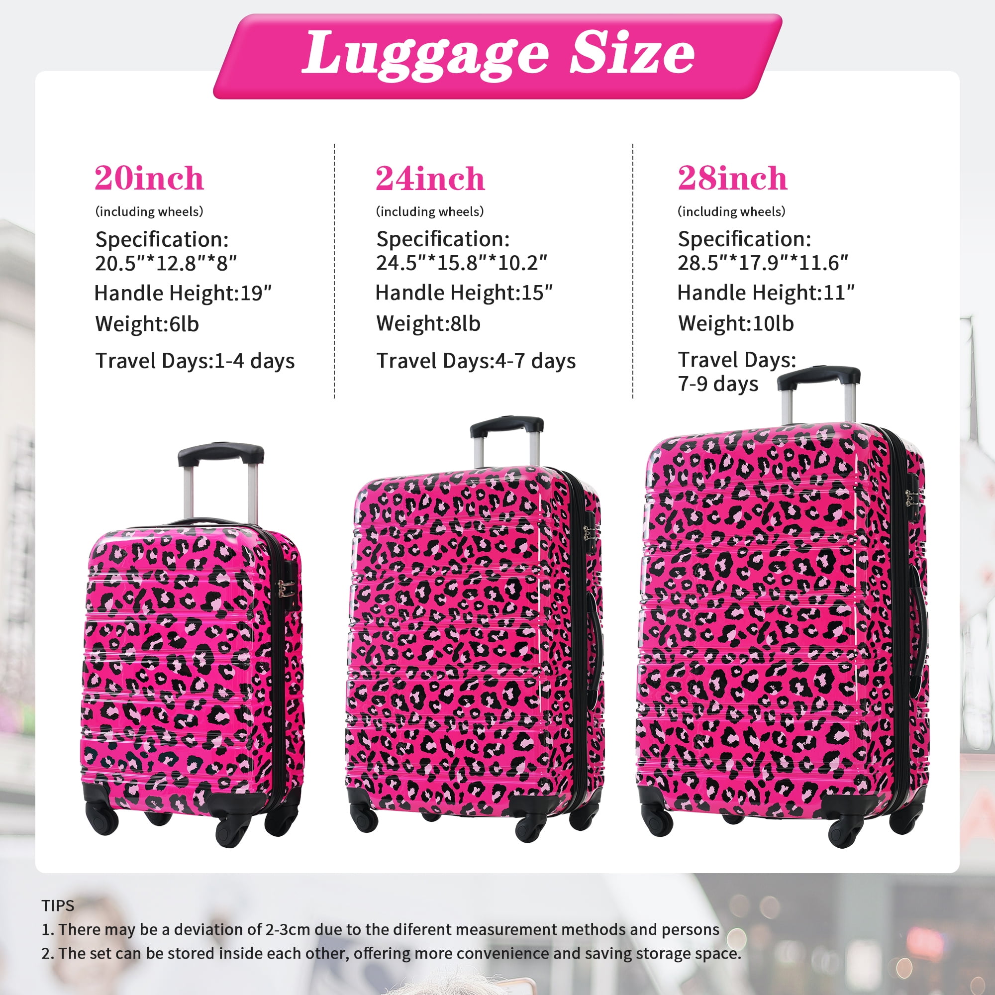 MAYEERTY 3-Piece Lightweight PC Luggage Set - Leopard Print Expandable Hardshell Suitcase with TSA Lock & Spinner Wheels, Pink Purple