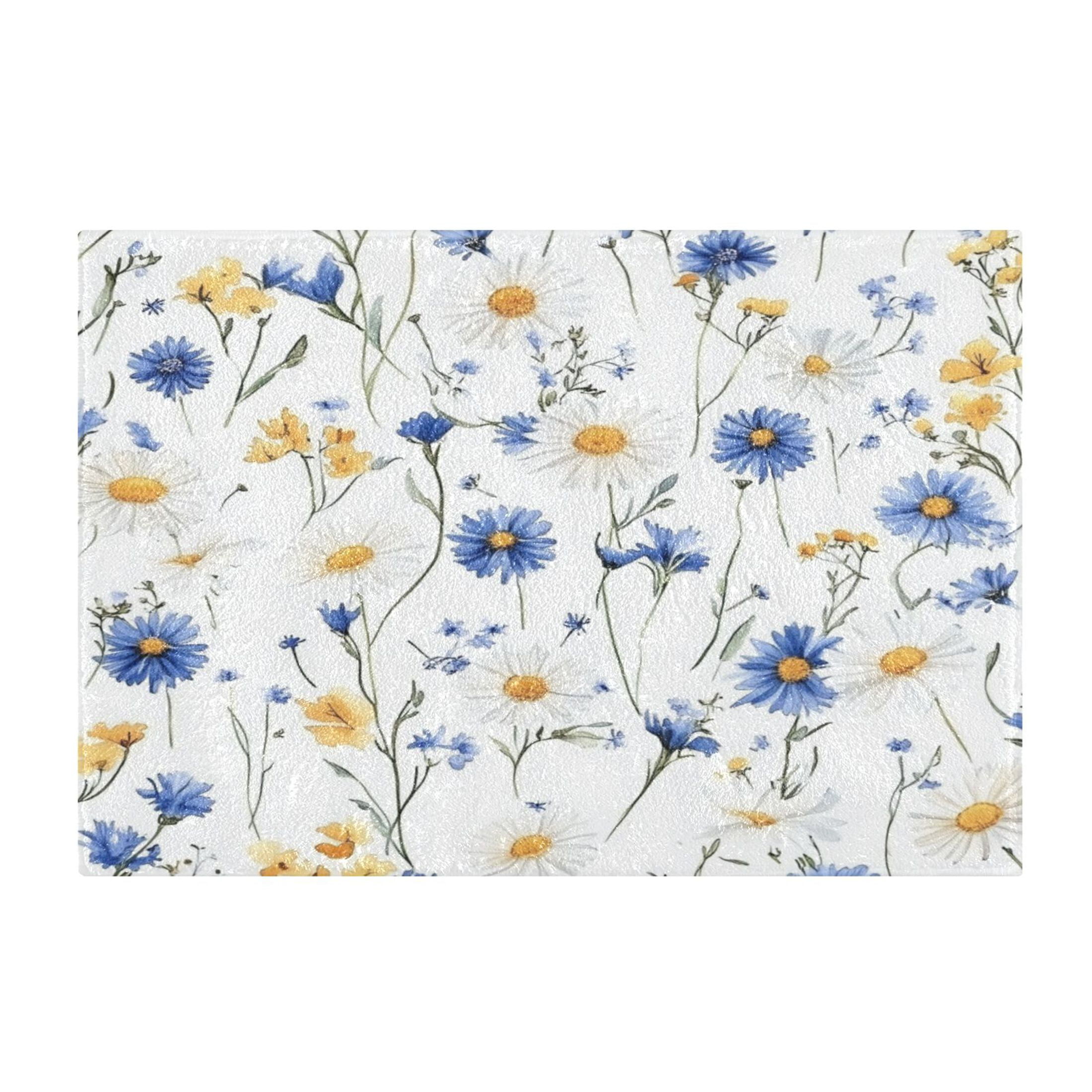 2 Piece Soft Bathroom Rug Set Blue and Yellow Wildflowers Bath Mat and U-Shaped Toilet Contour Rug (16"x24"+20"x24")