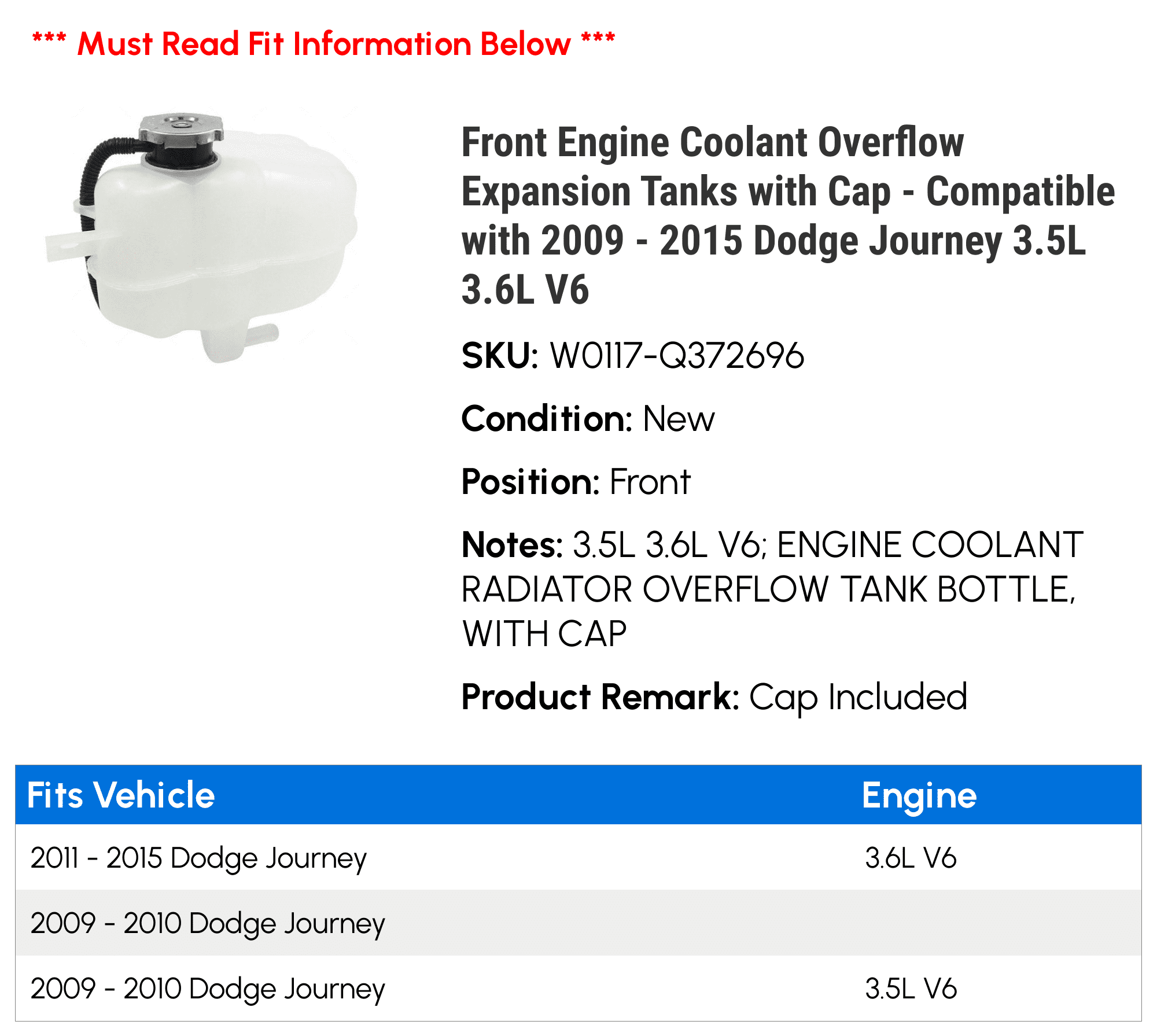 Front Engine Coolant Overflow Expansion Tanks with Cap - Compatible with 2009 - 2015 Dodge Journey 3.5L 3.6L V6 2010 2011 2012 2013 2014