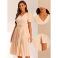 thumbnail image 2 of DARING DIVA V-Neck Short Sleeve Belted A-Line Pleated Dress M Apricot, 2 of 6