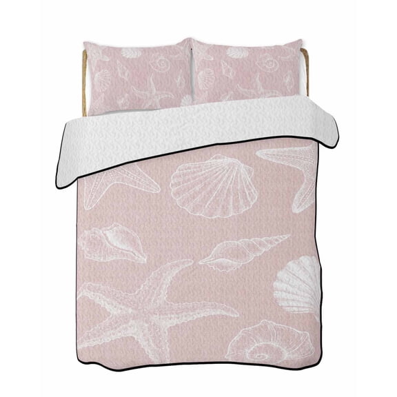 Twin XL Quilt Bedding Set, Marine Life Reversible Summer Quilt 3 Pieces, Summer Ocean Starfish Conch Seashell Pink Lightweight Bedspreads Coverlets with 2 Pillow Shams for All Seasons