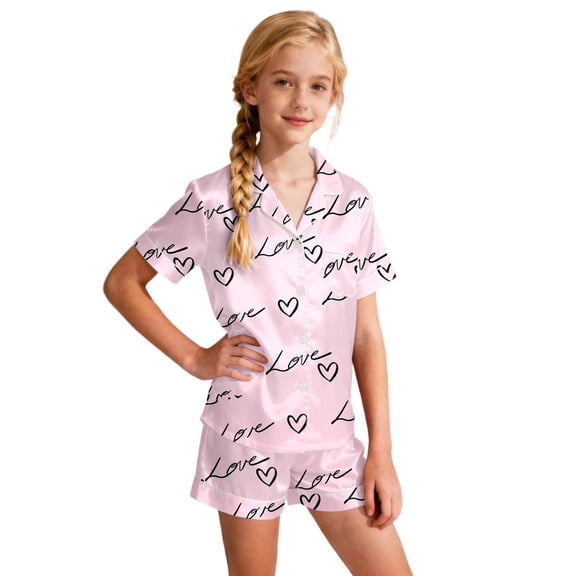 Girls Pajamas Heart Print Valentine's Day Shorts Set Short Sleeve Button Down Top Pajamas Two Piece Sleepwear for Kids Pink 2 Years-3 Years