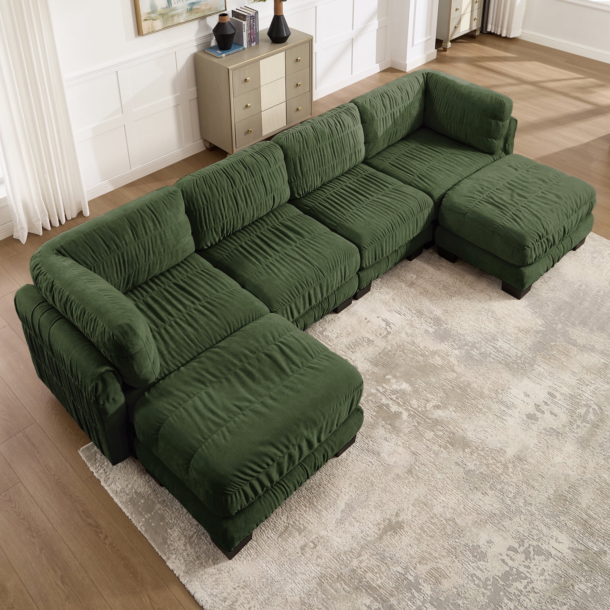 140" U Shape 4 Seat Ruched Chenille Modular Sectional Sofa with 2 Movable Ottomans,Easy Assembly