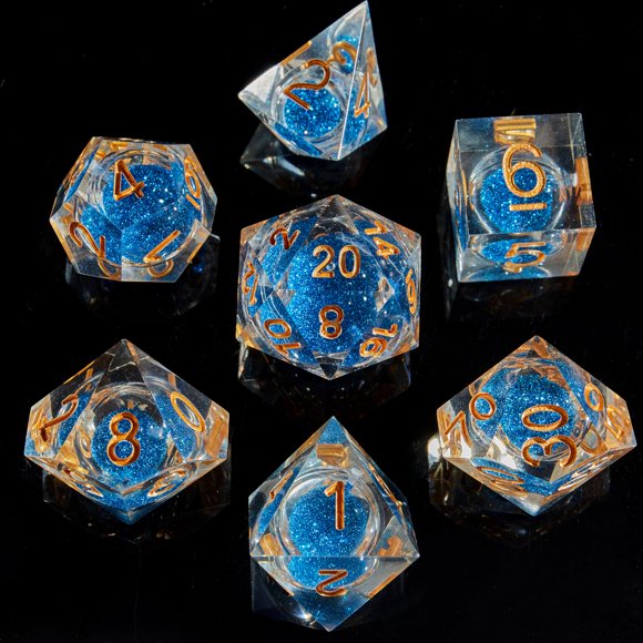 Fugacity Dnd Juego de dados con núcleo líquido hecho a mano con borde afilado, 7 piezas de dados de resina, juego de dados poliédricos de mazmorras y dragones, juego de dados D&D con estuche de regalo