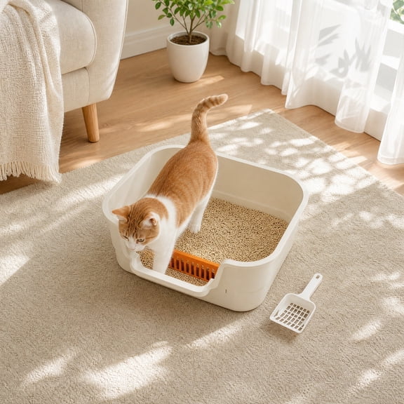 romoty Open Top Cat Litter Box, 16.54x11.02x4.72 Inch White High Shield Anti-Tracking Litter Pan with Scoop Set for Household Cats