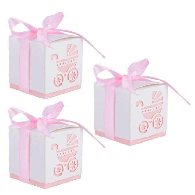 50pcs Stroller Candy Sweet Gift Boxes Christening Baby Shower Party Bomboniere Favors Box (Pink)