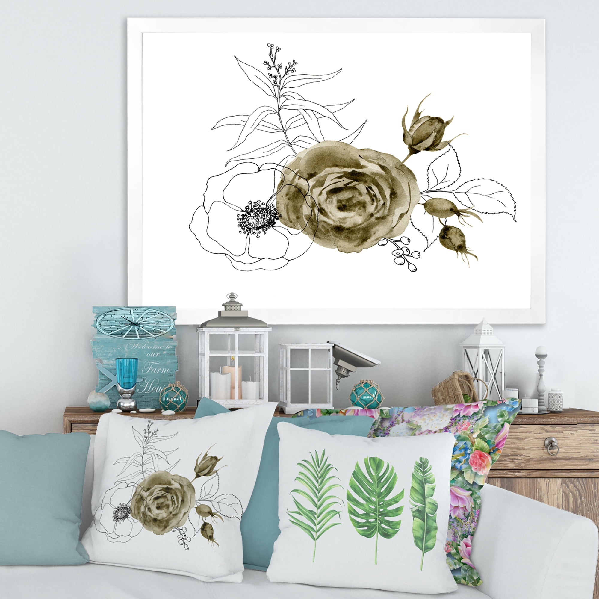 Designart 'Eucalyptus Branches With Anemone Bouquet Flower I' Traditional Framed Art Print