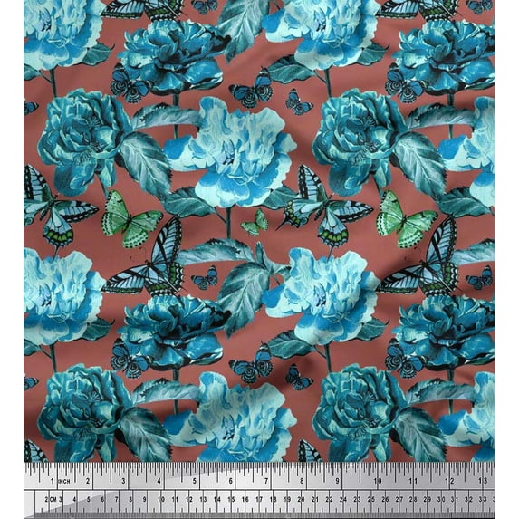 Soimoi Cotton Voile Fabric Leaves,Butterfly & Peony Floral Fabric Prints By Yard 42 Inch Wide