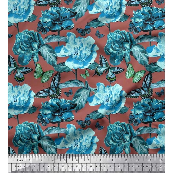 Soimoi Moss Georgette Fabric Leaves,Butterfly & Peony Floral Fabric Prints By Yard 42 Inch Wide
