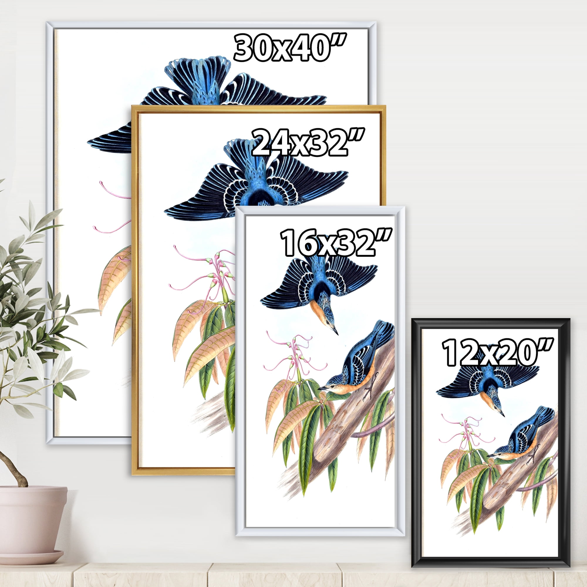 Designart 'Vintage Countryside Birds On Branch V' Farmhouse Framed Canvas Wall Art Print