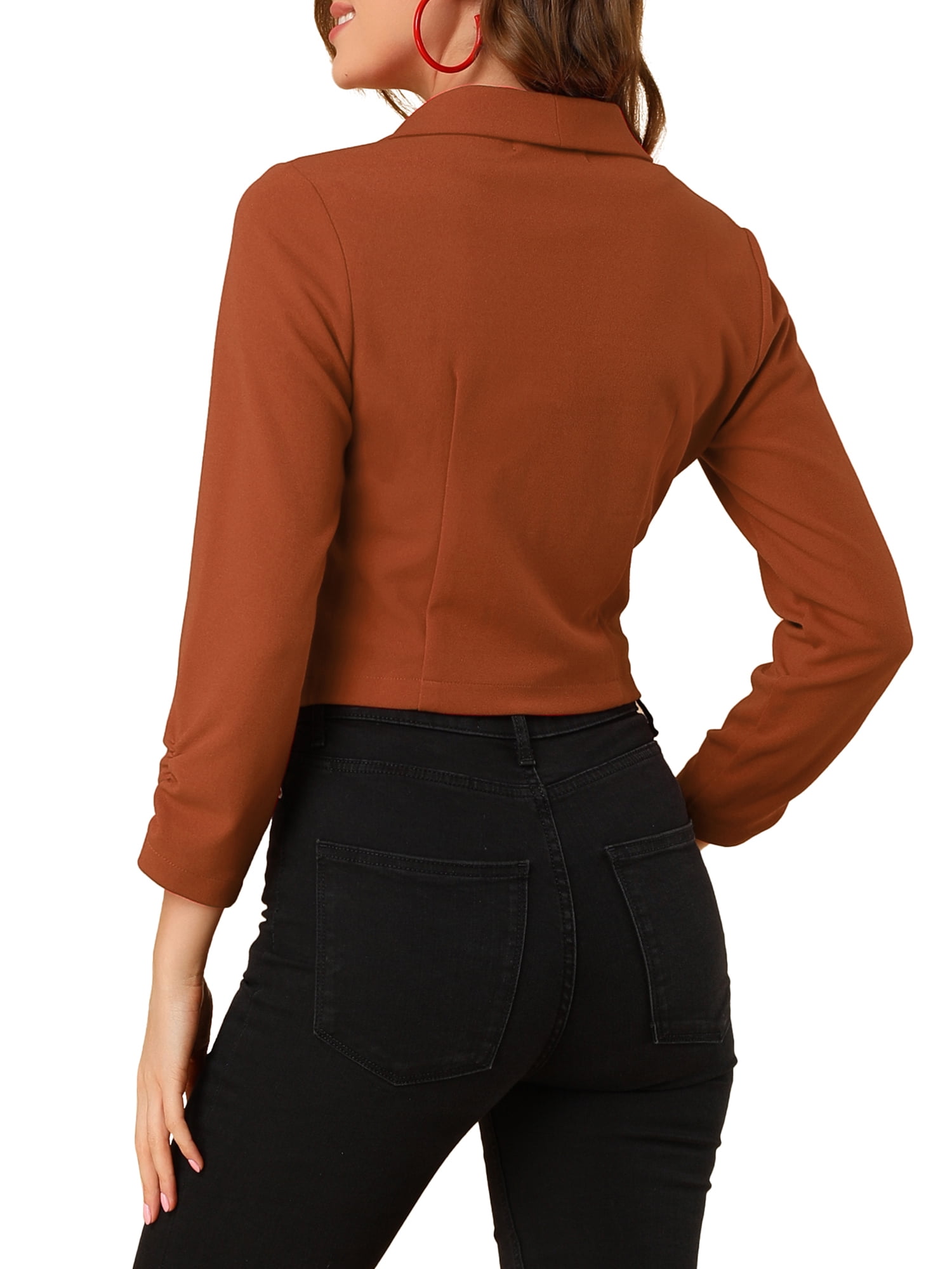DARING DIVA Women's Notched Lapel Ruched Sleeve Crop Blazer XS Brown