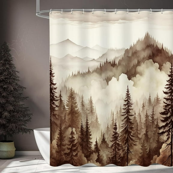 Brown Misty Pine Forest Shower Curtain, Tan Mountain Foggy Woodland Scenery Tree Shower Curtains for Chic Rustic Bathroom, Modern Waterproof Nature-Themed Decor, 72x72 Inches