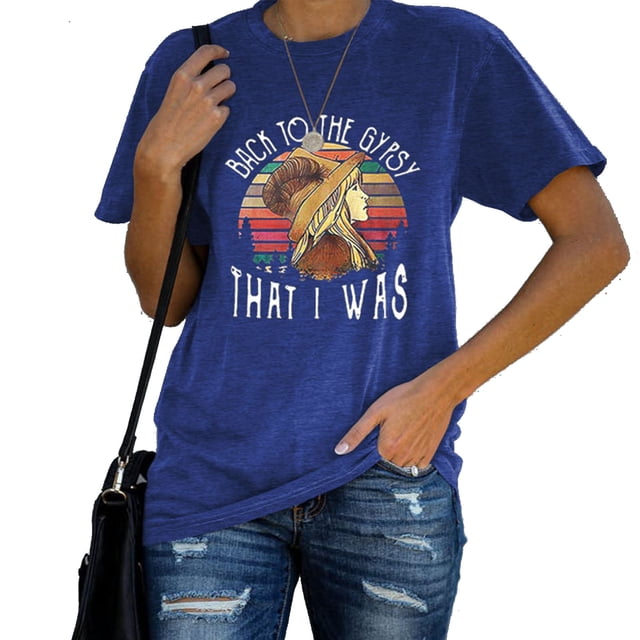 Camiseta estampada transpirable de manga corta para mujer, talla M Camiseta de verano azul con cuello redondo para mujer