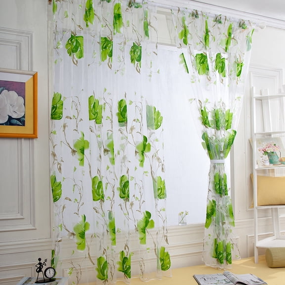 Voile Sheer Curtains Set of 2, Sheer Curtain Scarf Drapes Rod Pocket Crushed Window Panels for Bedroom Living Room Kitchen, 2 PCS Vines Leaves Tulle Door Window Curtain Drape