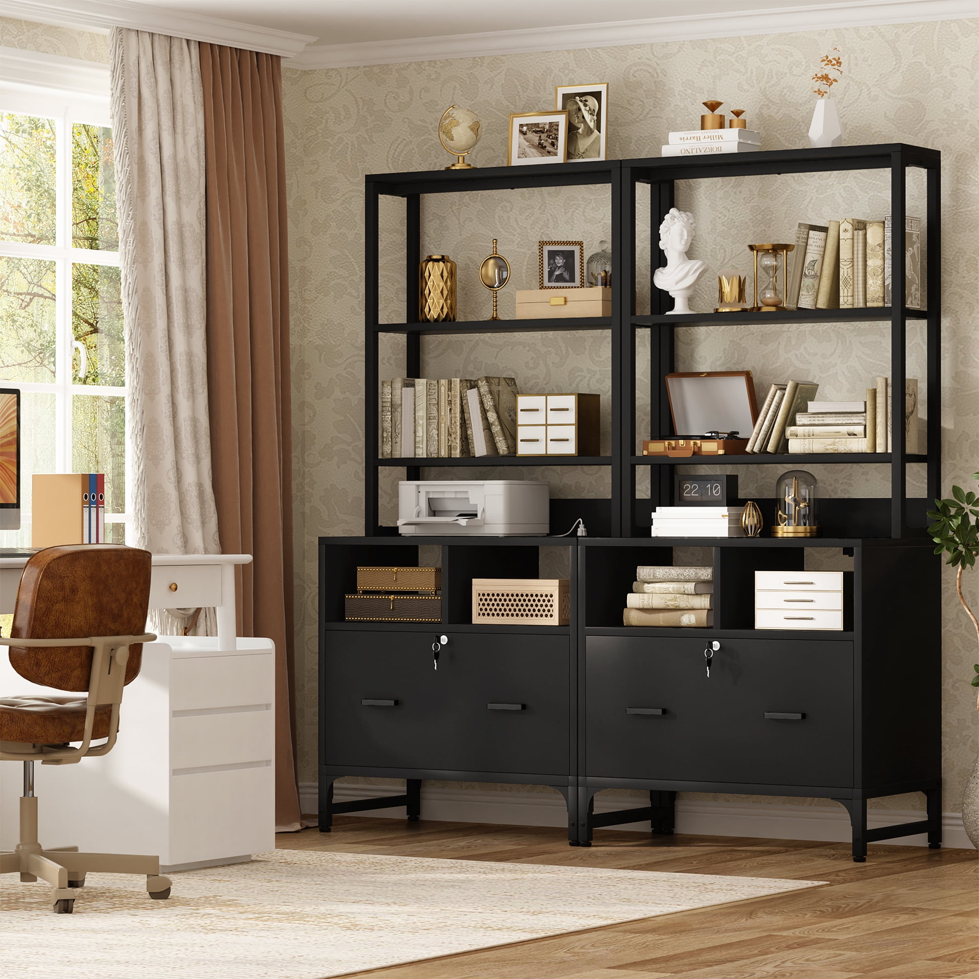 Aheaplus Vertical File Cabinet with Charging Station, Lock & Large Drawer - Printer Stand, Shelves for Letter/A4/Legal, Black