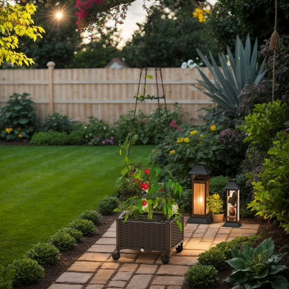 Demifill Adjustable Raised Garden Bed, Garden Bed with Plant Box and Trellis with Lockable Wheels for Outdoor as Garden, Backyard, Porch, Brown