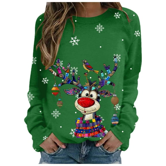 Fiaer Women Christmas Sweatshirts Deer Snowflakes Graphic Crew Neck Pullovers Long Sleeve Loose Fit Trendy Tops Green XL