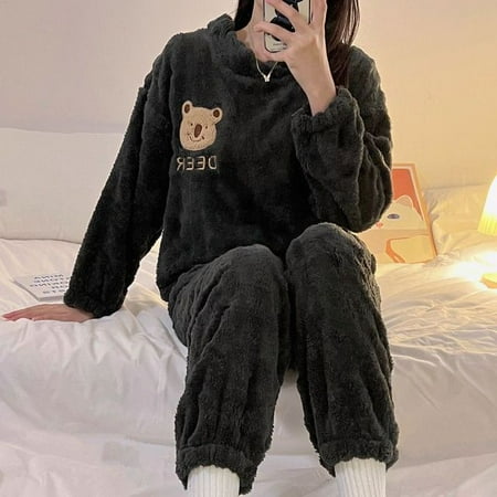 

CoCopeaunt Winter small fragrant wind facecloth pajamas set female plus velvet sweet coral fleece home wear can be worn outside